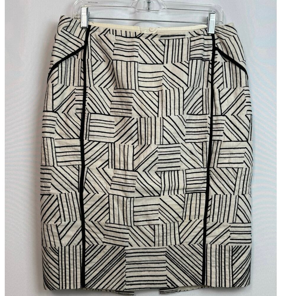 Lafayette 148 Womens Linen Geometric Pencil Skirt Size 10 Ivory Black Art Deco